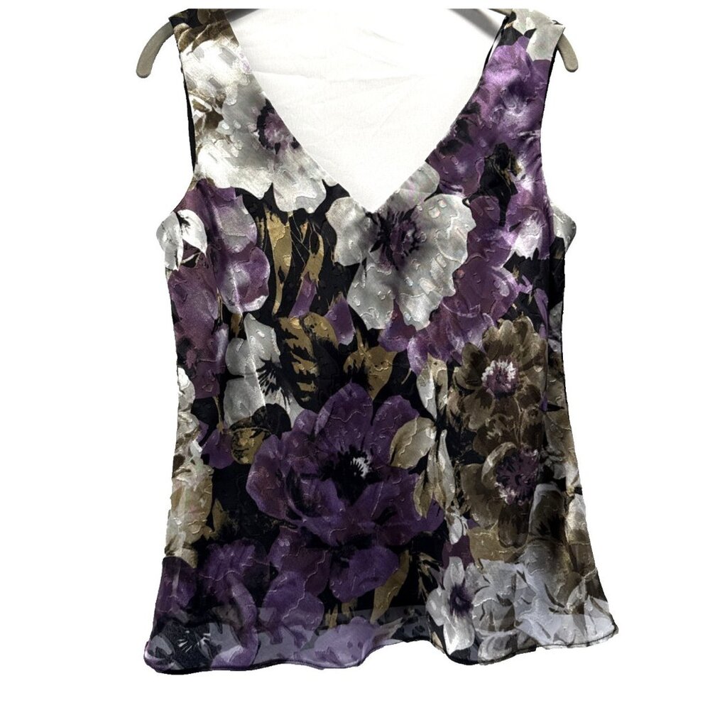 Alex Evenings Women's Top‎ Size Med Floral Purple Black Sheer Layered Sleeveless